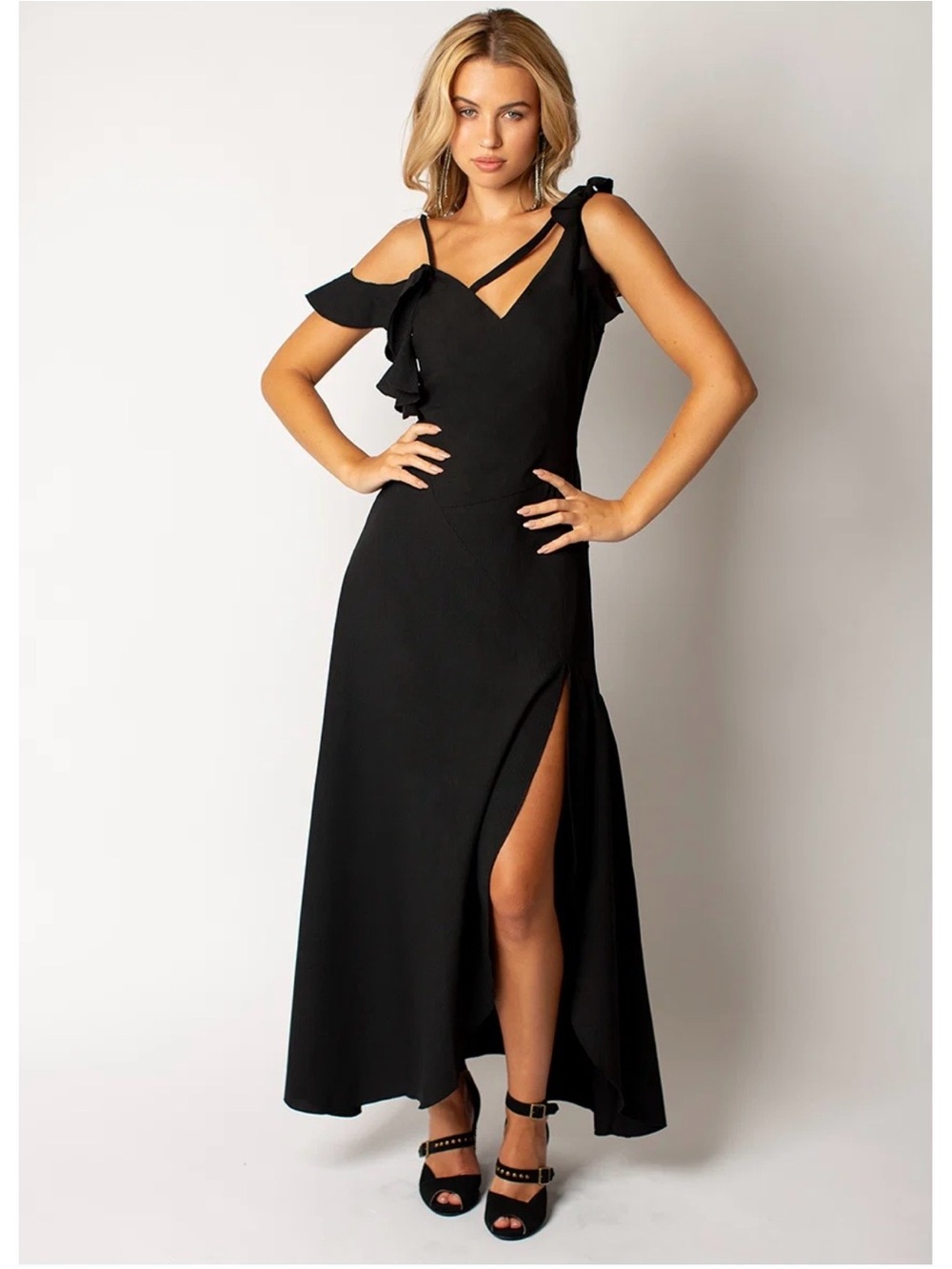 Joyfolie Black Asymmetric Strap Maxi Dress with Side Slit Bianka Dress